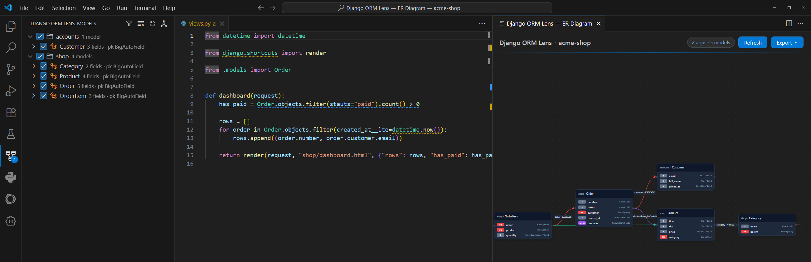 VS Code with Django ORM Lens: the model tree, ORM diagnostics in views.py and the live ER diagram